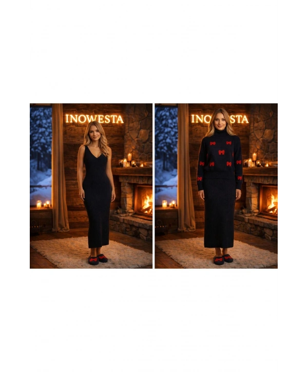 Kadın Triko Yarım Boğazlı Kazak Ve Elbise Süzine Fiyonk desen Nakışlı 2Parça Takım