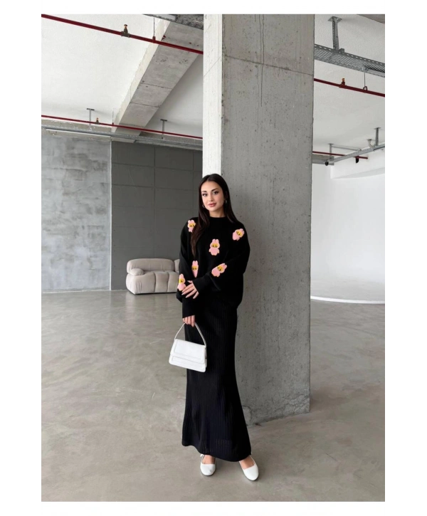 Kadın Triko Yarım Boğazlı Kazak Ve Elbise Süzine Labubu desen Nakışlı 2Parça Takım