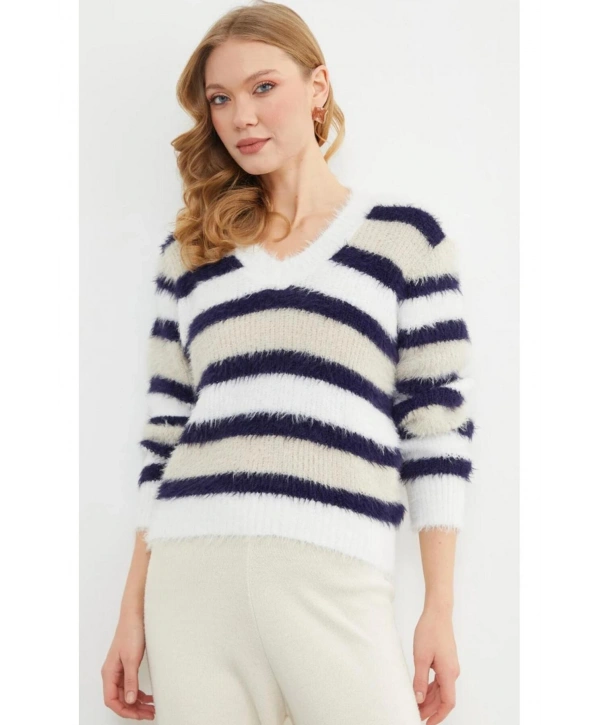 Kadın Sakallı Triko V Yaka Kazak (Yumuşak Tuşe) standart Beden