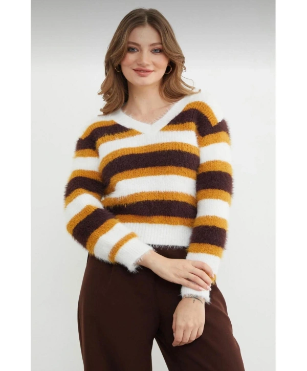 Kadın Sakallı Triko V Yaka Kazak (Yumuşak Tuşe) standart Beden