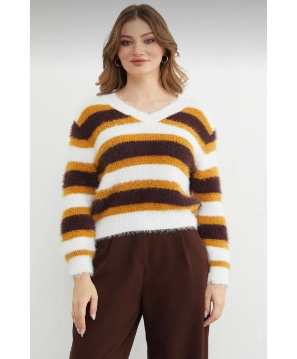 Kadın Sakallı Triko V Yaka Kazak (Yumuşak Tuşe) standart Beden