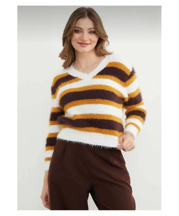 Kadın Sakallı Triko V Yaka Kazak (Yumuşak Tuşe) standart Beden