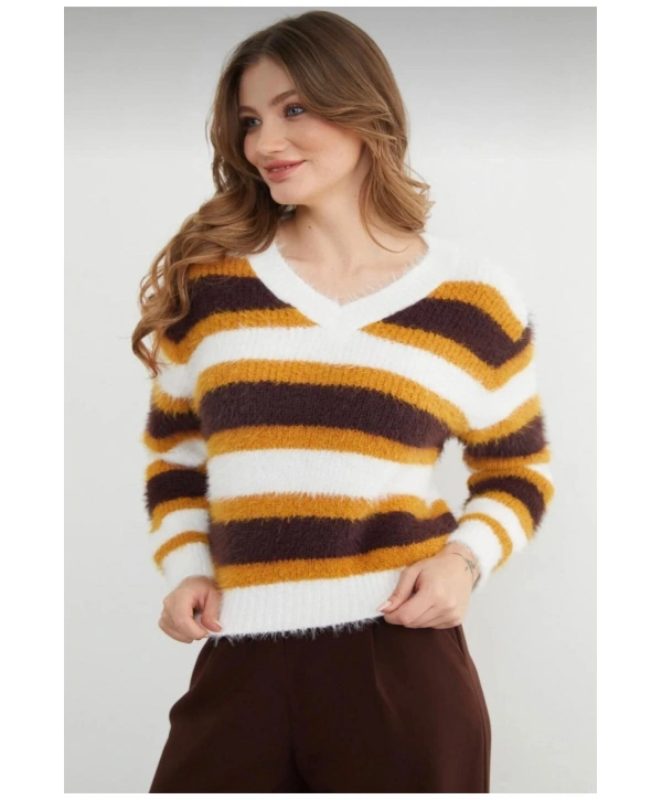 Kadın Sakallı Triko V Yaka Kazak (Yumuşak Tuşe) standart Beden