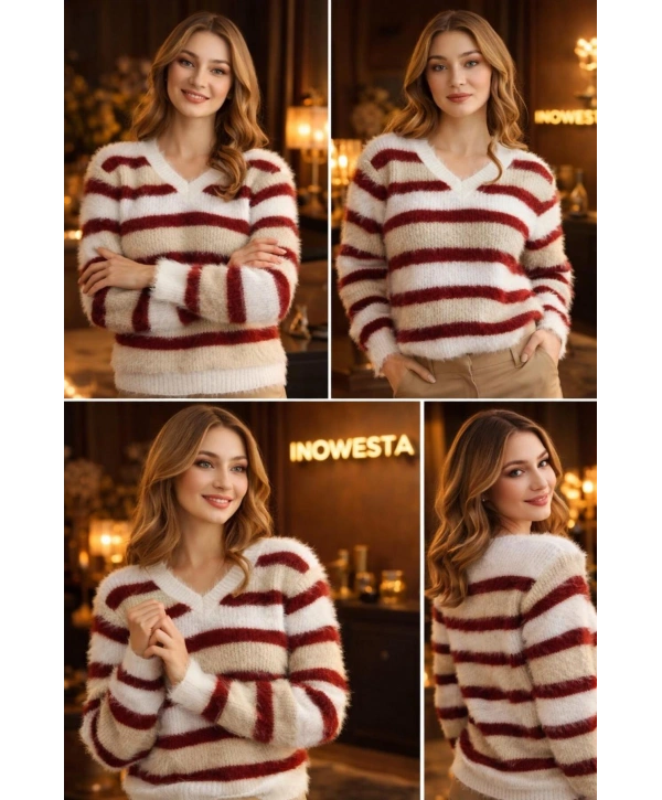 Kadın Sakallı Triko V Yaka Kazak (Yumuşak Tuşe) standart Beden