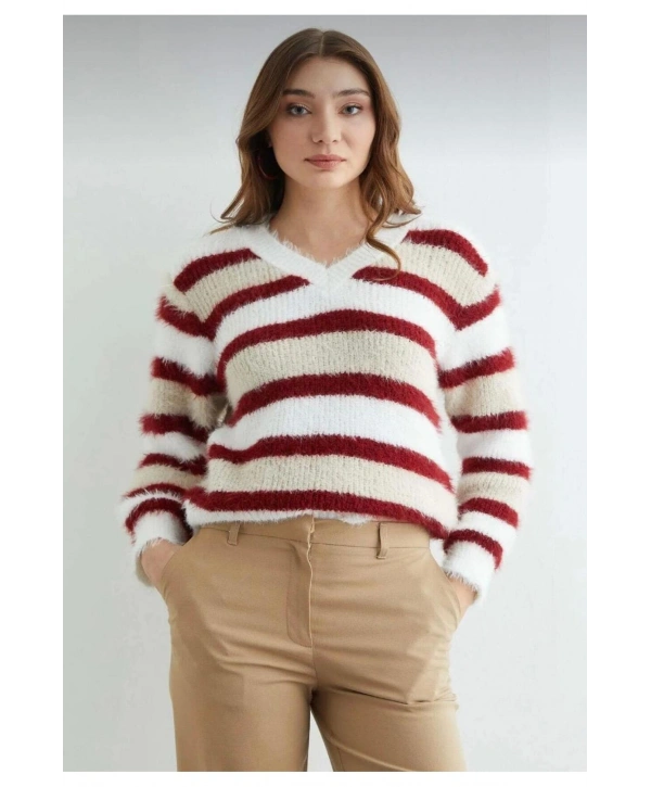 Kadın Sakallı Triko V Yaka Kazak (Yumuşak Tuşe) standart Beden