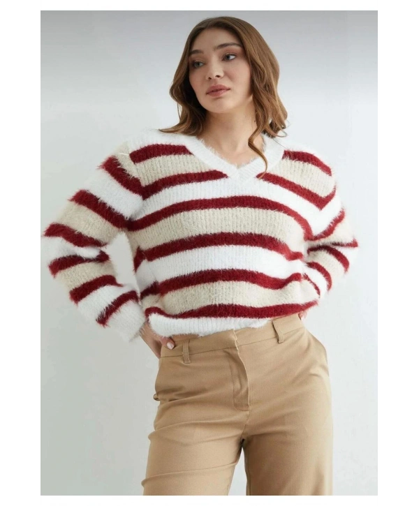 Kadın Sakallı Triko V Yaka Kazak (Yumuşak Tuşe) standart Beden