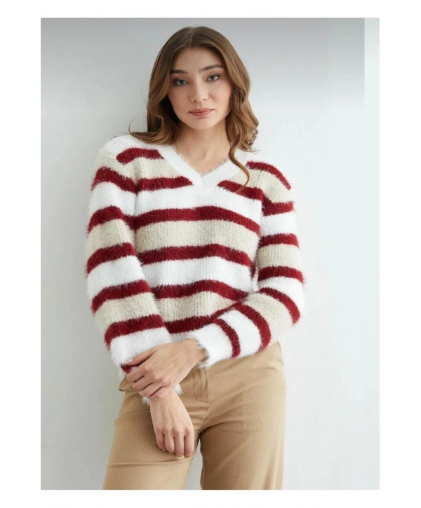 Kadın Sakallı Triko V Yaka Kazak (Yumuşak Tuşe) standart Beden