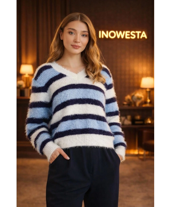 Kadın Sakallı Triko V Yaka Kazak (Yumuşak Tuşe) standart Beden