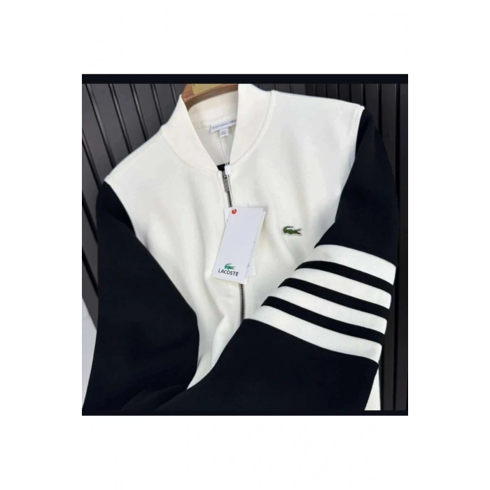 Fermuarlı Kolları Çizgili Gömlek Yaka Sweat