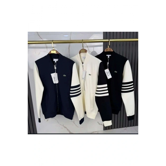 Fermuarlı Kolları Çizgili Gömlek Yaka Sweat