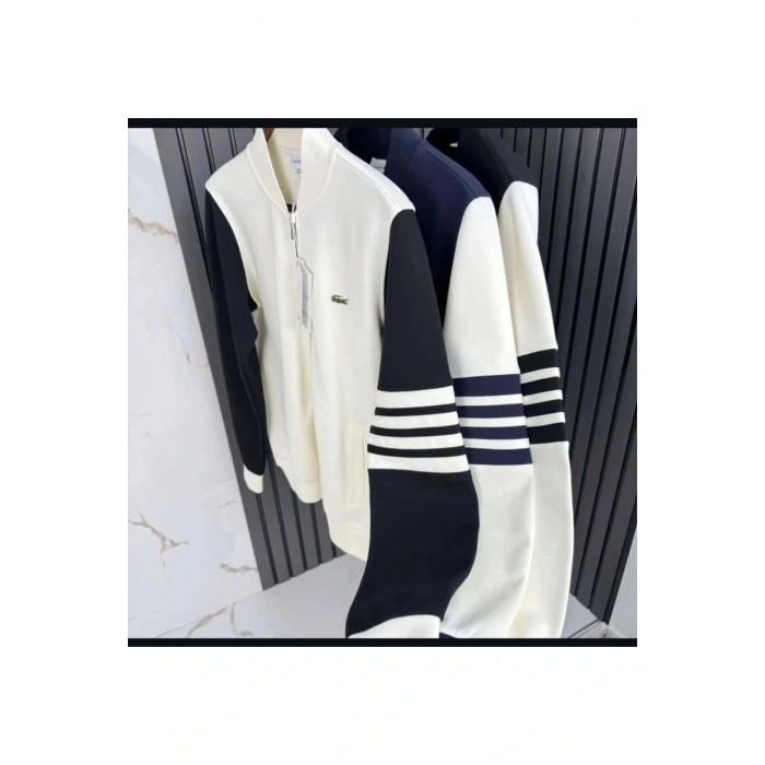 Fermuarlı Kolları Çizgili Gömlek Yaka Sweat