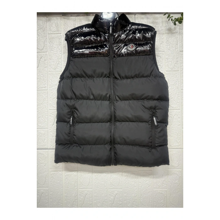 Balıkçı Yaka Fermuarlı Şişme Desen ve Üstü Deri Kolsuz Cepli Yelek