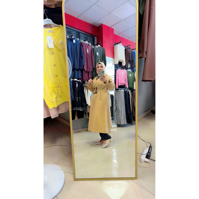 Düğmeli ve Kuşaklı Uzun Boy Trençkop