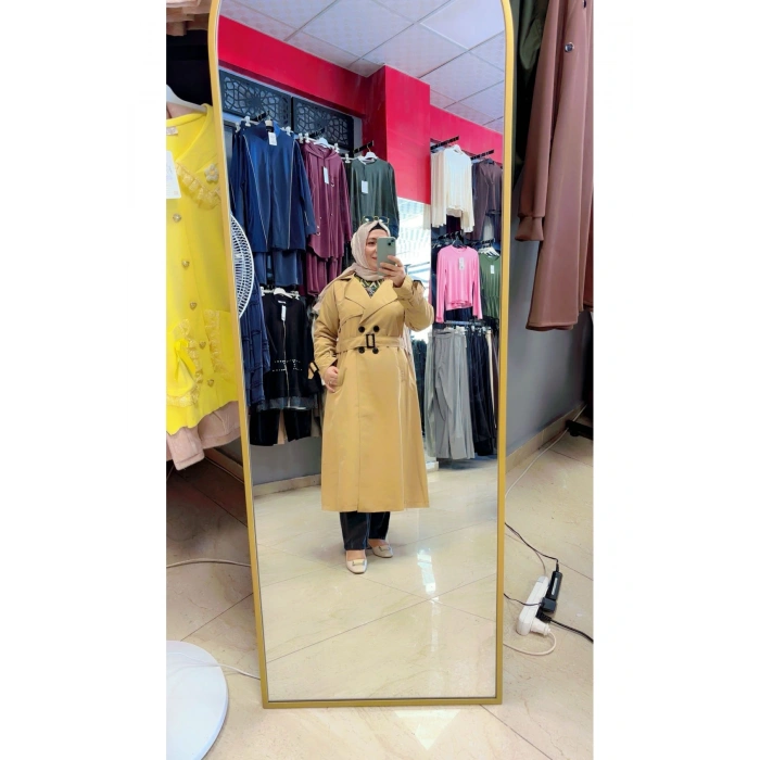 Düğmeli ve Kuşaklı Uzun Boy Trençkop