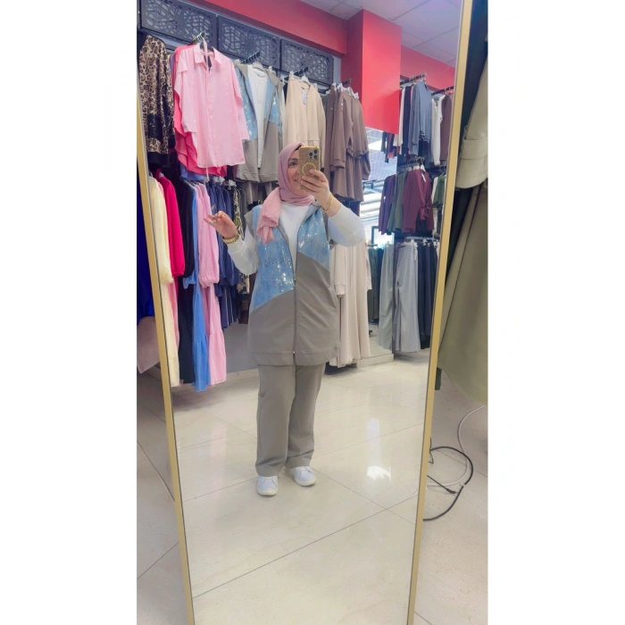 Üçlü Kot Detaylı Kolsuz Kapüşonlu Takım