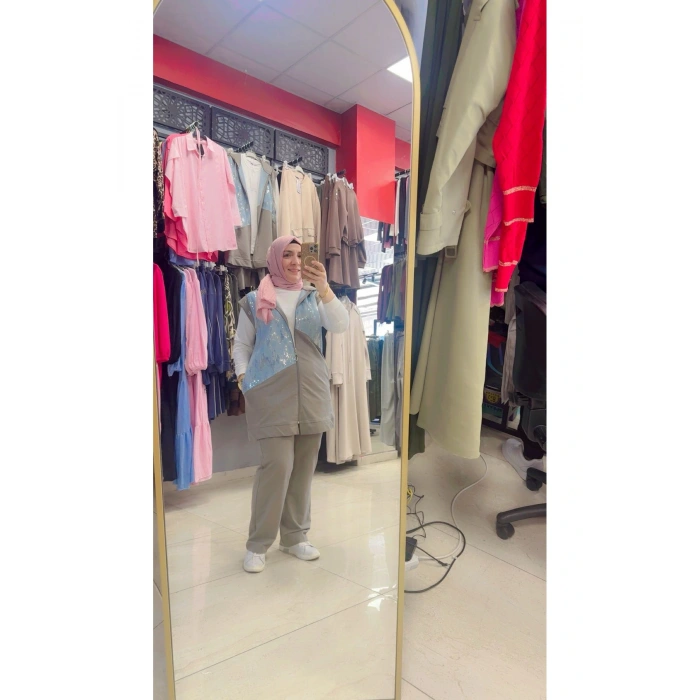 Üçlü Kot Detaylı Kolsuz Kapüşonlu Takım