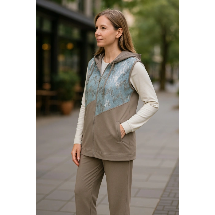 Üçlü Kot Detaylı Kolsuz Kapüşonlu Takım