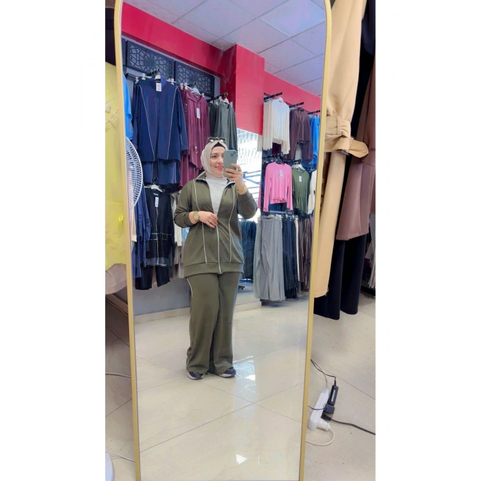 Yanları Çizgili Haki Renk İkili Takım