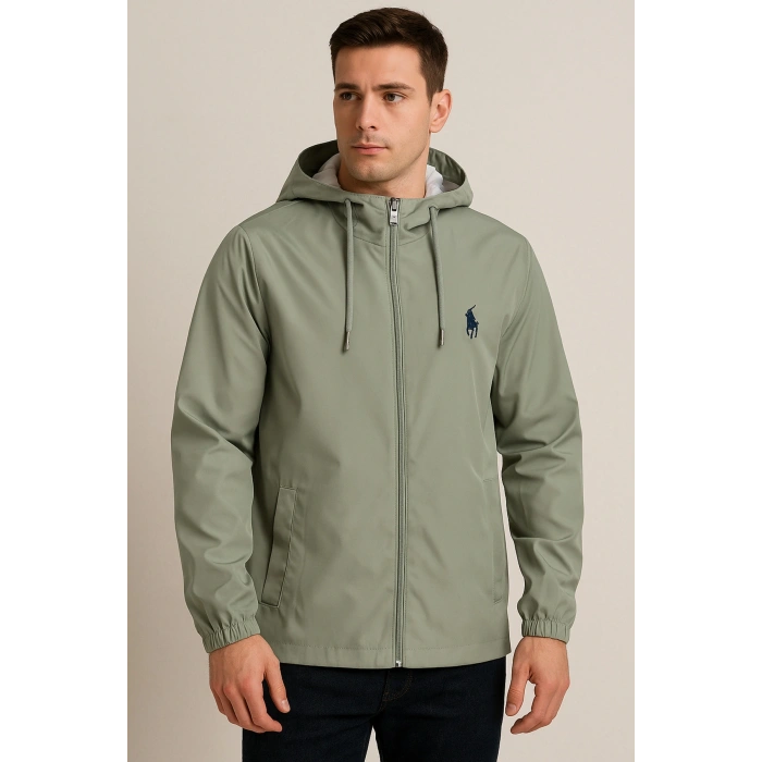 Kapüşonlu Fermuarlı Yeşil Renk Yağmurluk