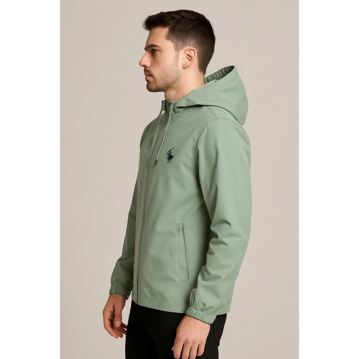 Kapüşonlu Fermuarlı Yeşil Renk Yağmurluk