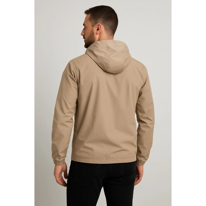 Kapüşonlu Fermuarlı Bej Renk Yağmurluk