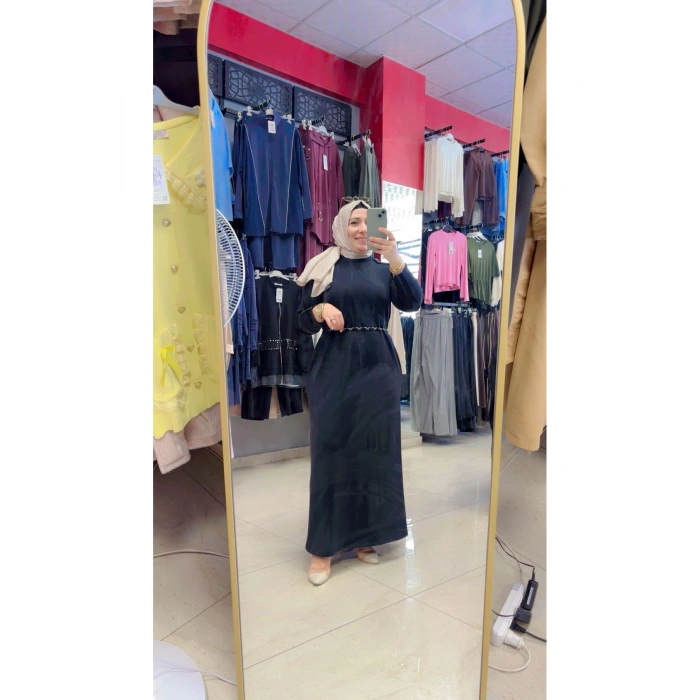 Omuz ve Kol Düğme Detaylı Boydan Elbise