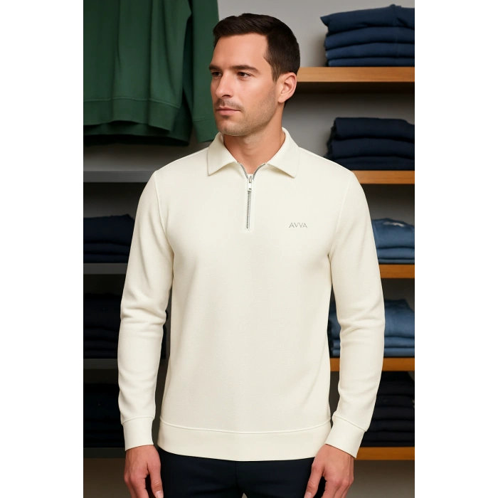 Merserize Kumaş Gömlek Yakalı Fermuarlı Tişört