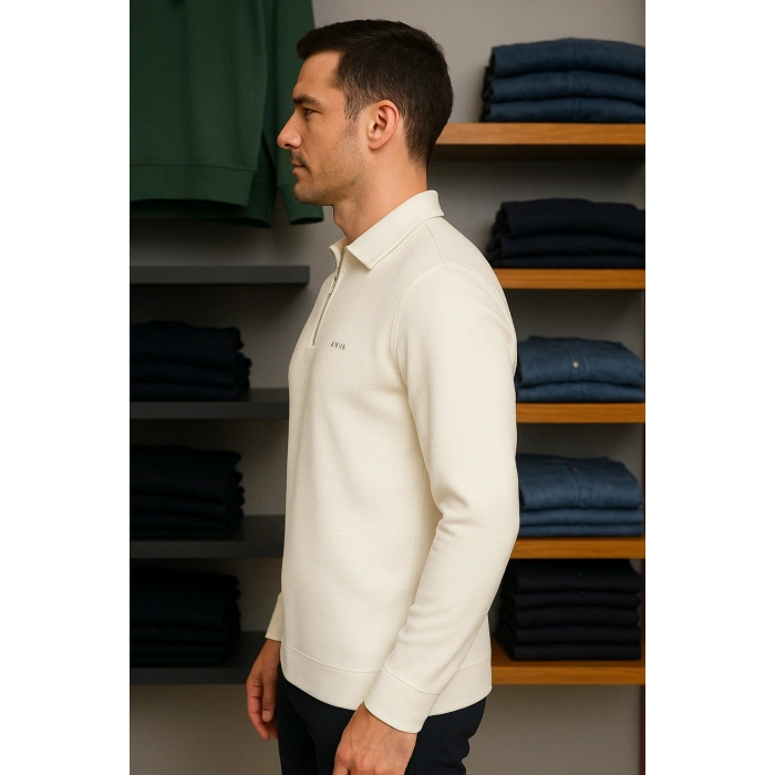 Merserize Kumaş Gömlek Yakalı Fermuarlı Tişört