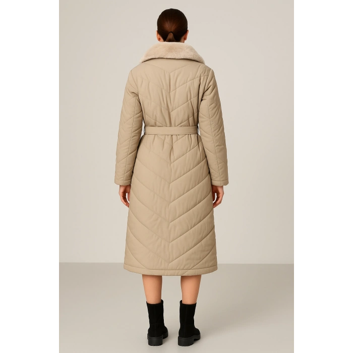 Yakası Kendi Renginde Kürklü Kışlık Mont/Trençkot