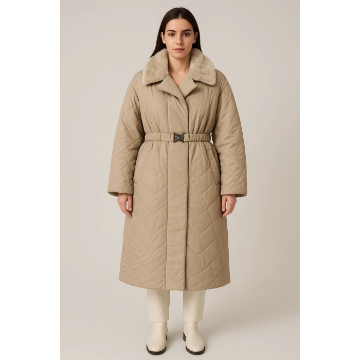 Yakası Kendi Renginde Kürklü Kışlık Mont/Trençkot