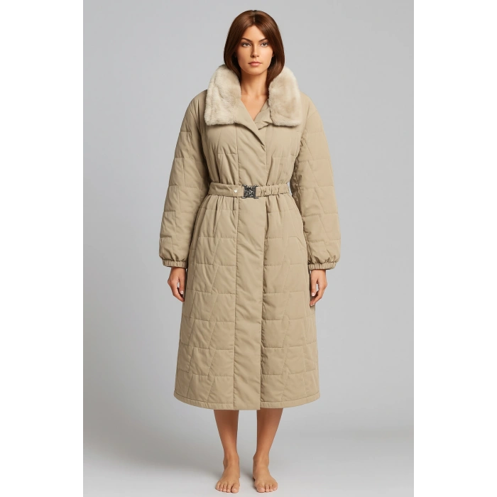 Yakası Kendi Renginde Kürklü Kışlık Mont/Trençkot