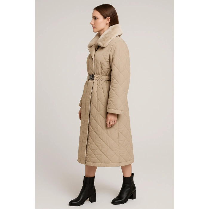 Yakası Kendi Renginde Kürklü Kışlık Mont/Trençkot