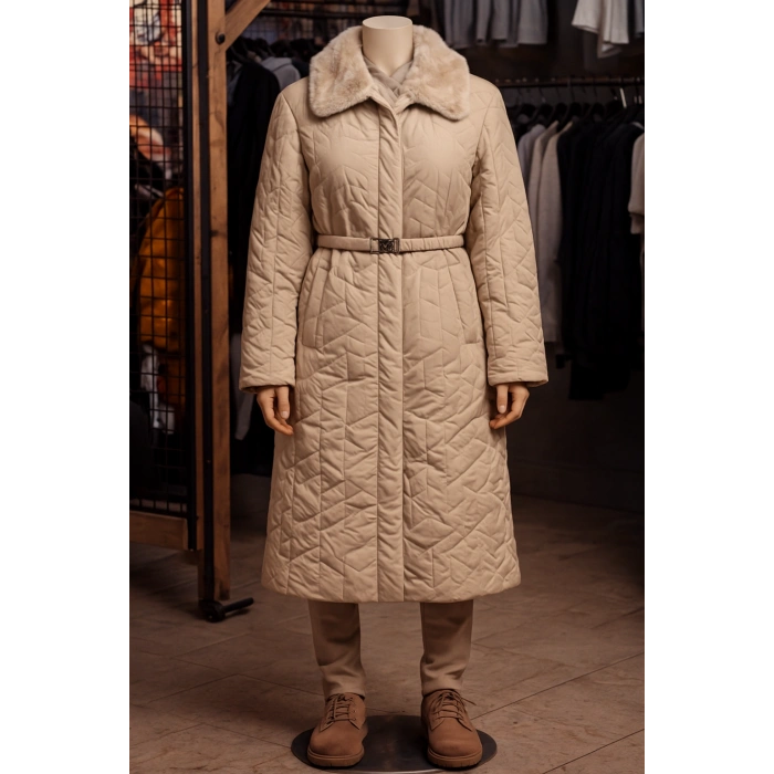 Yakası Kendi Renginde Kürklü Kışlık Mont/Trençkot