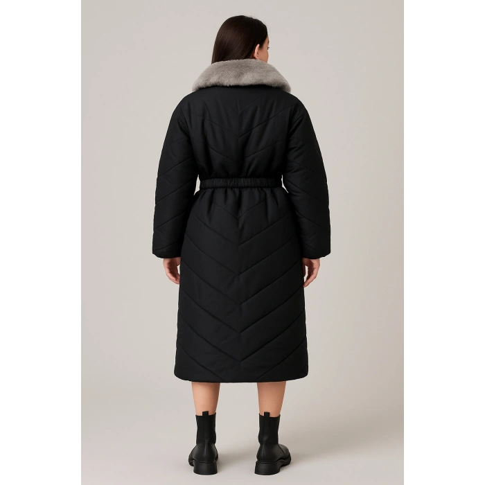 Yakası Kendi Renginde Kürklü Kışlık Mont/Trençkot