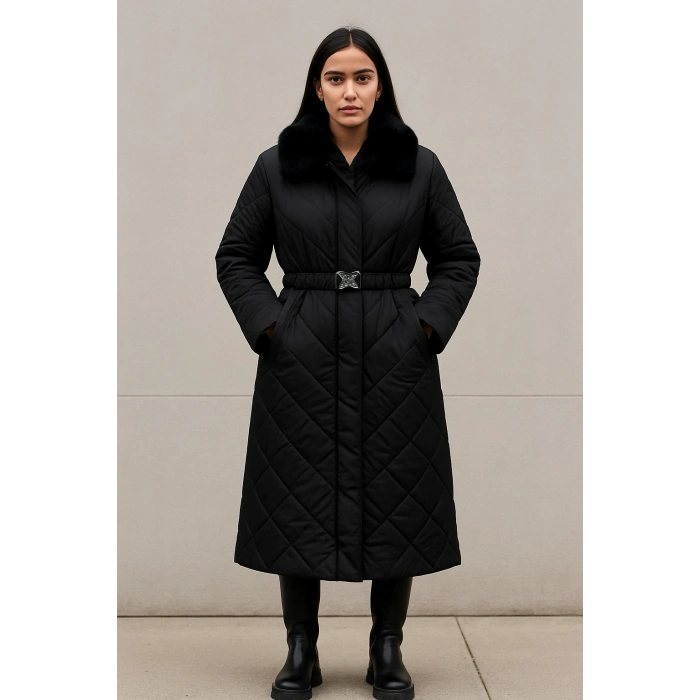 Yakası Kendi Renginde Kürklü Kışlık Mont/Trençkot