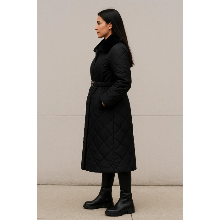 Yakası Kendi Renginde Kürklü Kışlık Mont/Trençkot