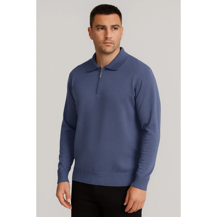 Merserize Fermuarlı Polo Yaka Tişört