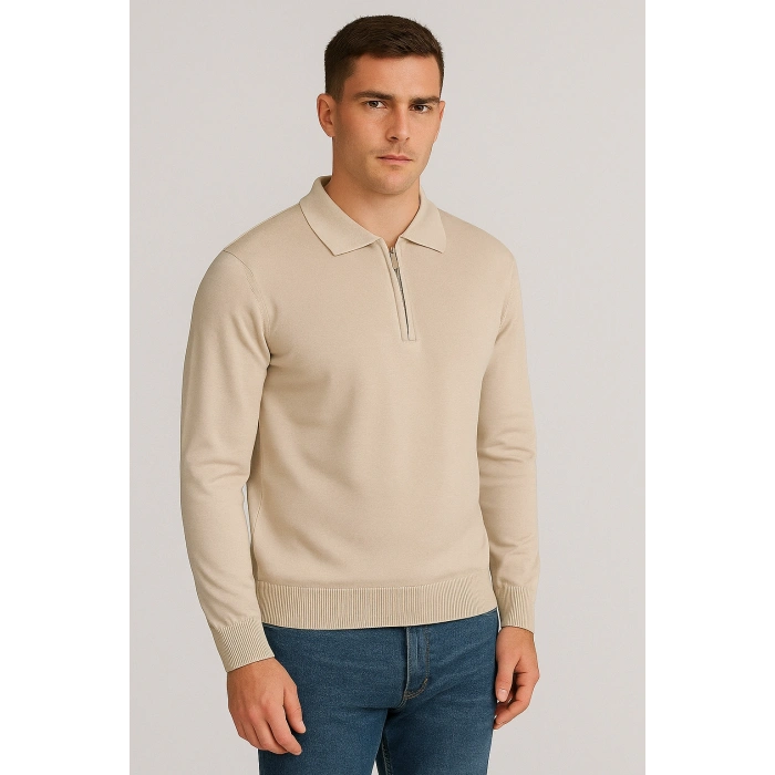 Merserize Fermuarlı Polo Yaka Tişört