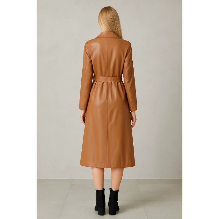 Deri Düğmeli ve Kuşaklı Trençkot