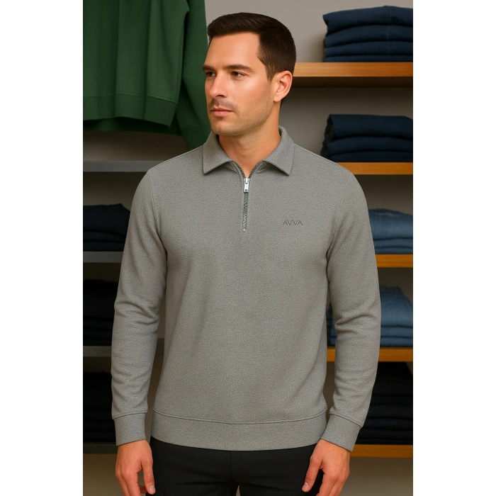 Merserize Kumaş Gömlek Yakalı Fermuarlı Tişört