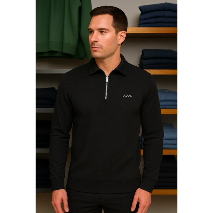 Merserize Kumaş Gömlek Yakalı Fermuarlı Tişört