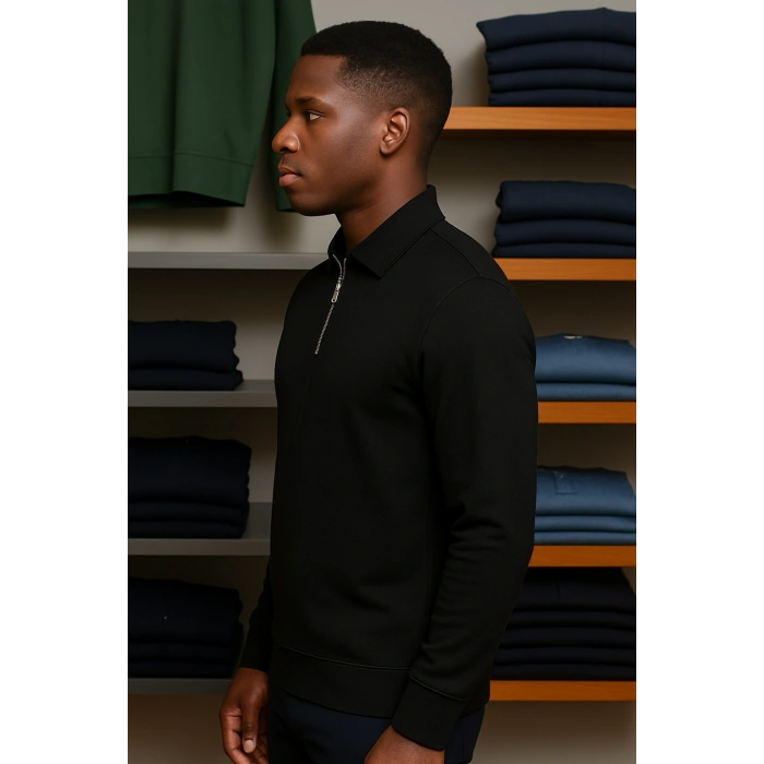 Merserize Kumaş Gömlek Yakalı Fermuarlı Tişört