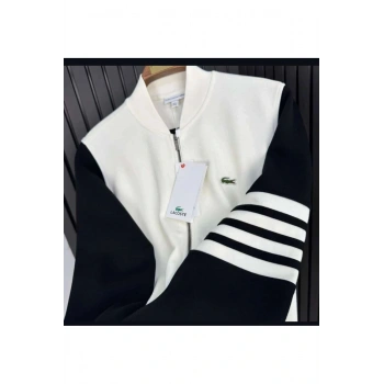 Fermuarlı Kolları Çizgili Gömlek Yaka Sweat