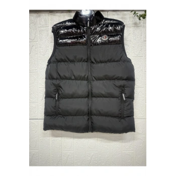 Balıkçı Yaka Fermuarlı Şişme Desen ve Üstü Deri Kolsuz Cepli Yelek