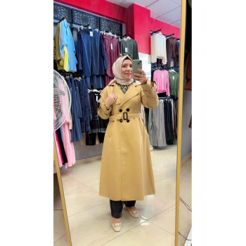 Düğmeli ve Kuşaklı Uzun Boy Trençkop