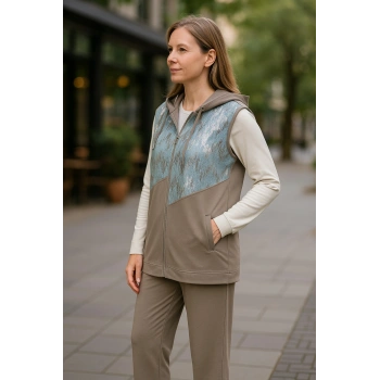 Üçlü Kot Detaylı Kolsuz Kapüşonlu Takım