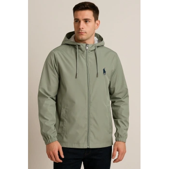 Kapüşonlu Fermuarlı Yeşil Renk Yağmurluk