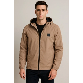 Kapüşonlu Fermuarlı Bej Renk Yağmurluk