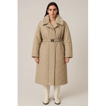 Yakası Kendi Renginde Kürklü Kışlık Mont/Trençkot