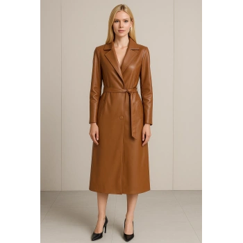 Deri Düğmeli ve Kuşaklı Trençkot